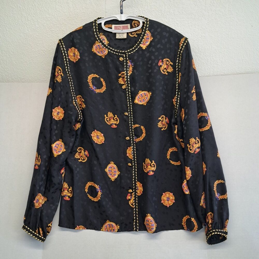 Vintage Maggy London Silk Blouse Women's 8 Gold-Braided Trim Gold Buttons